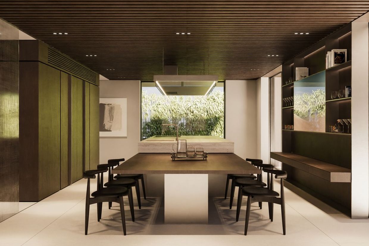 Dining area with dark wood walls and a slatted ceiling