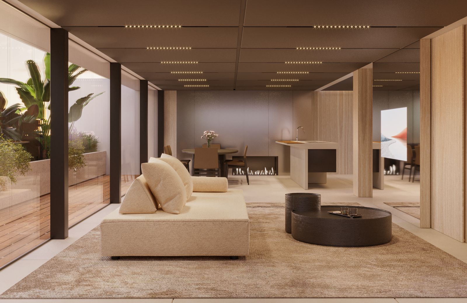 Penthouse living area with wood panelling and a green terrace